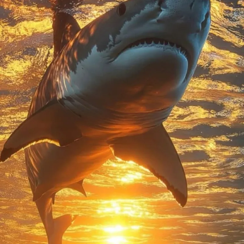 Great white shark swimming below the surface at sunset