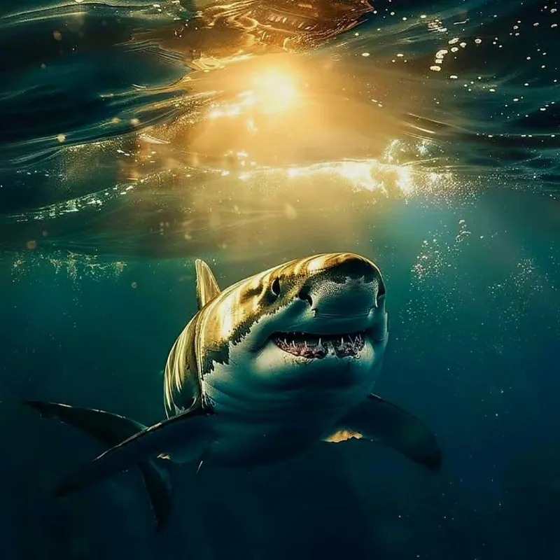 Great white shark gliding through sunlit blue water