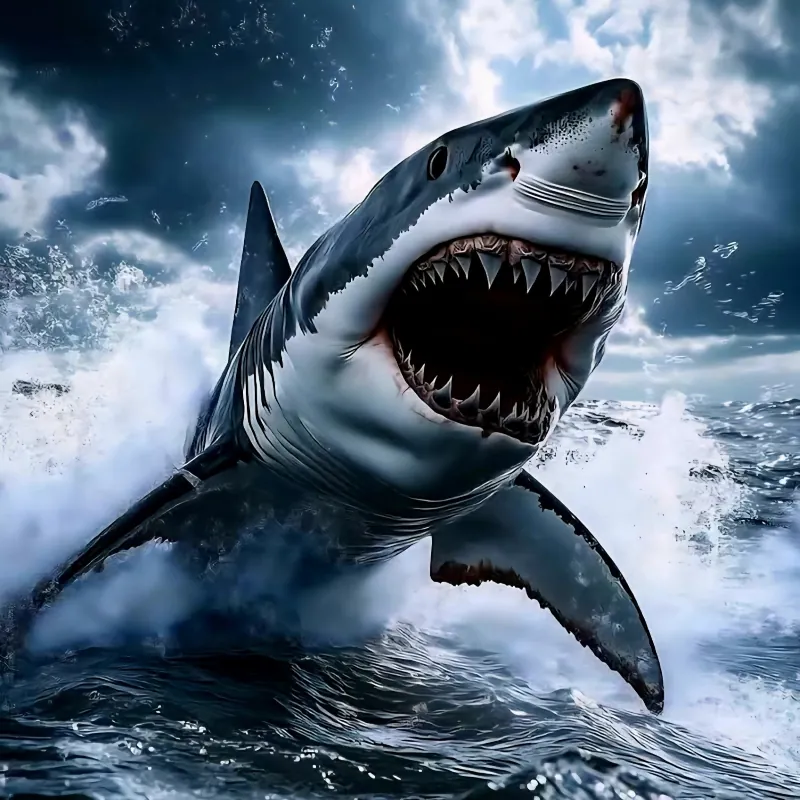 Great white shark breaching a stormy sea with its jaws open
