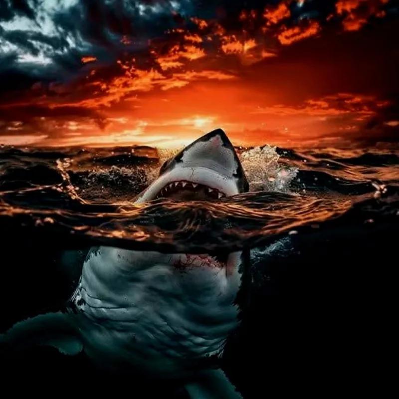 Shark surfacing at sunset, shown half above and half below the waterline