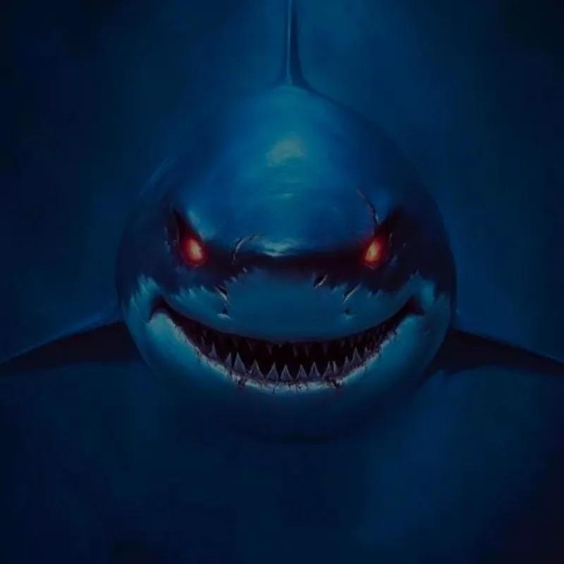 Stylised illustration of a shark with glowing red eyes in deep blue water